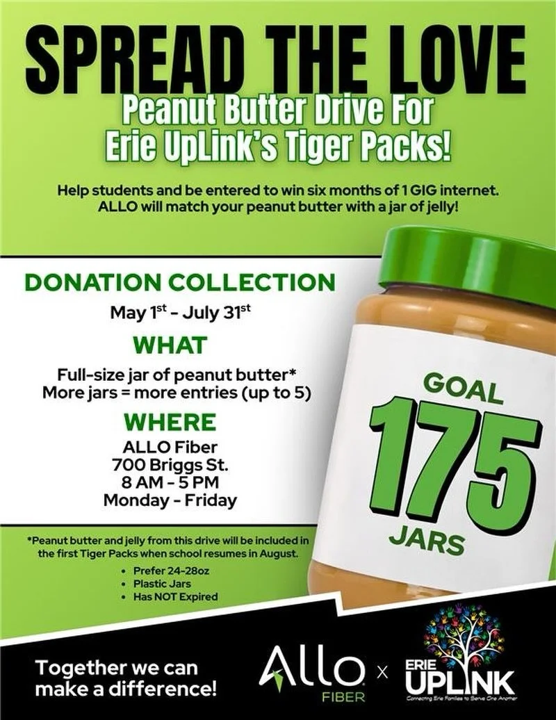 We&rsquo;re kicking off a Peanut Butter Drive with Allo Fiber 🫙✨

For every jar of peanut butter you donate, Allo Fiber will match it with a jar of jelly&mdash;helping us stock up for our back-to-school Tiger Packs 🍞🍇

It&rsquo;s a simple way to m
