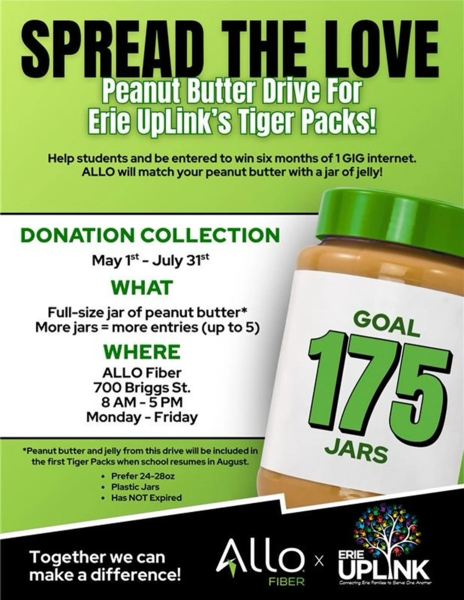 Be a part of the Peanut Butter Drive with Allo Fiber 🫙✨

For every jar of peanut butter you donate, Allo Fiber will match it with a jar of jelly&mdash;helping us stock up for our back-to-school Tiger Packs 🍞🍇

It&rsquo;s a simple way to make a big