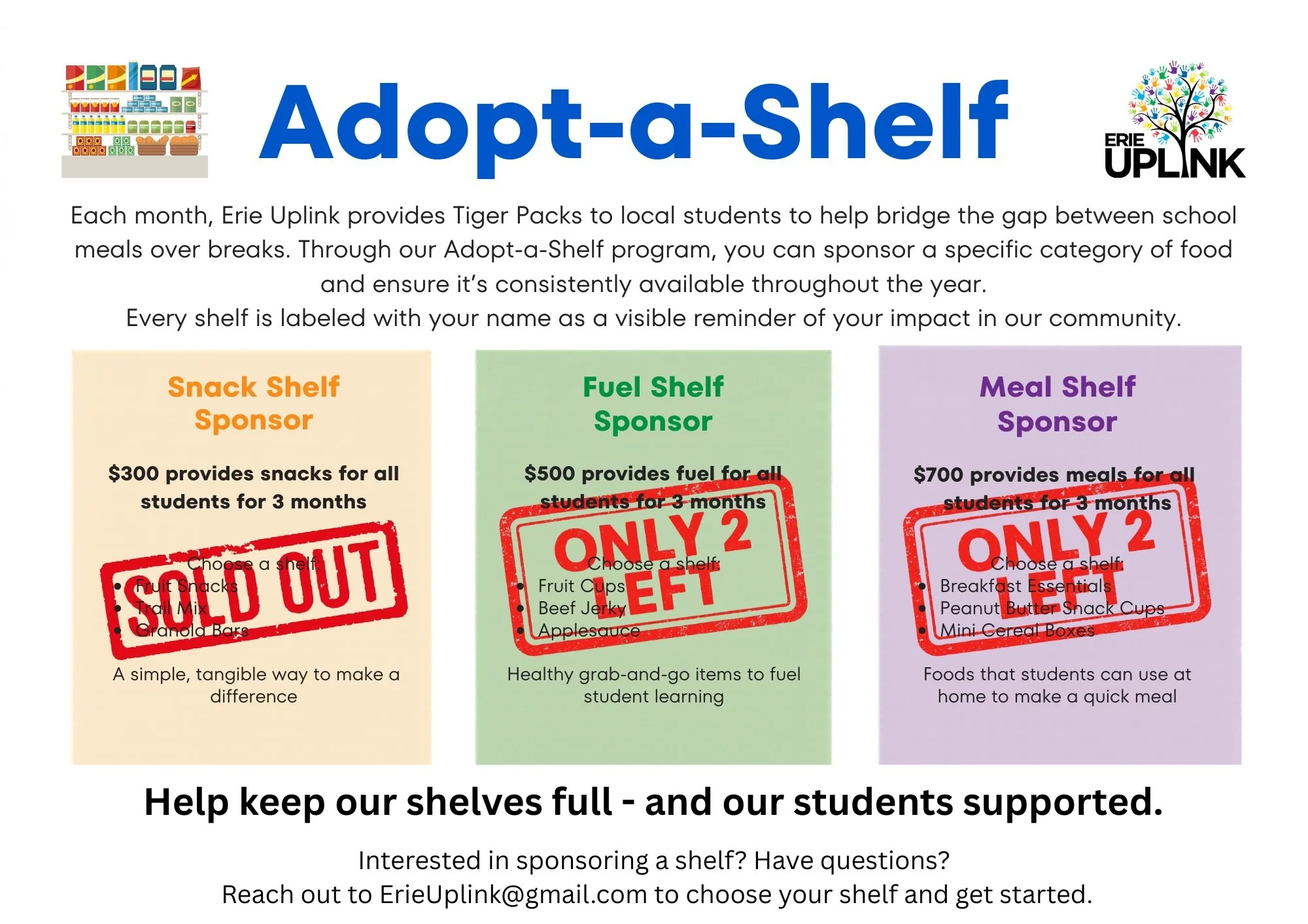 Want to give back to the Erie Community? Here is your last chance to take part in Erie UpLink&rsquo;s Adopt-a-Shelf Program 🧡

Each month, we provide Tiger Packs to local students&mdash;helping bridge the gap when school meals aren&rsquo;t available