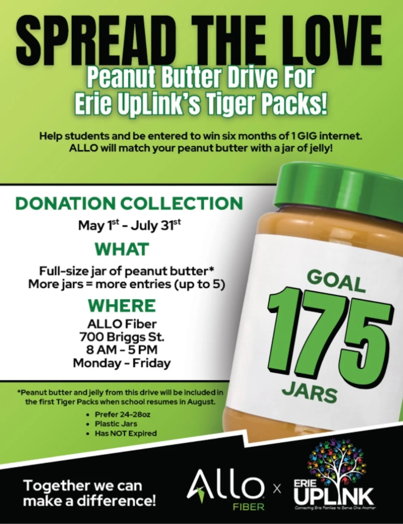 Spread the love for Erie UpLink! 🫙🍯

ALLO is partnering with Erie UpLink with a PB&amp;J Drive going on now. Their goal is to collect 175 full-size jars of peanut butter, and ALLO will match every jar with jelly. Donate before July 31st, and you&rs