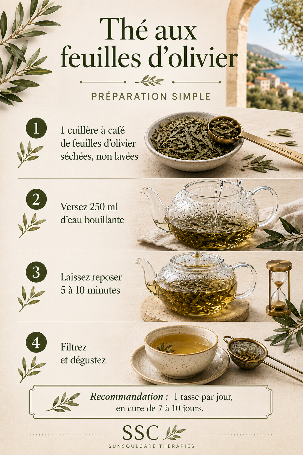 Instructions pour préparer du thé aux feuilles d'olivier : 1. Cuillère à café de feuilles d'olivier séchées, 2. Verser 250 ml d'eau bouillante, 3. Laisser reposer 5 à 10 minutes, 4. Filtrer et déguster, avec une recommandation de une tasse par jour en cure de 7 à 10 jours.