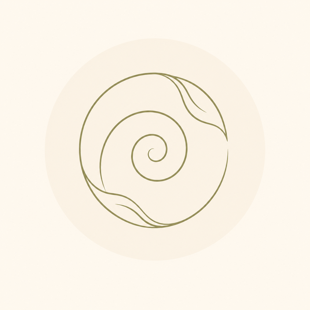 Un dessin minimaliste d'une spirale avec deux feuilles prolongées le long de cette spirale, sur un fond clair avec un cercle dégradé.