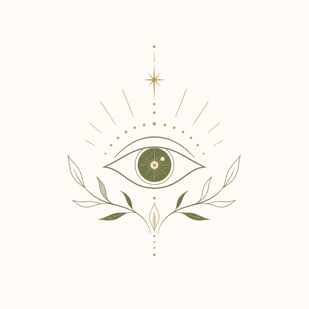 Design minimaliste d'un œil stylisé entouré de branches et de motifs géométriques, avec une étoile brillante au-dessus. Couleurs principales : vert, or et beige.