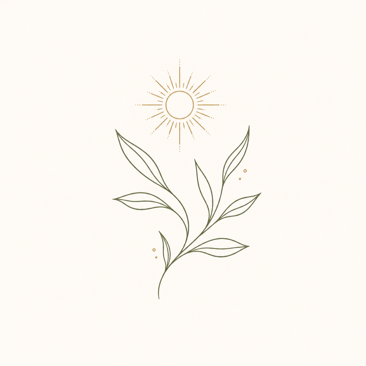 Illustration minimaliste d'une plante avec des feuilles, avec un soleil stylisé au-dessus, dessinée avec des lignes fines et des couleurs neutres.