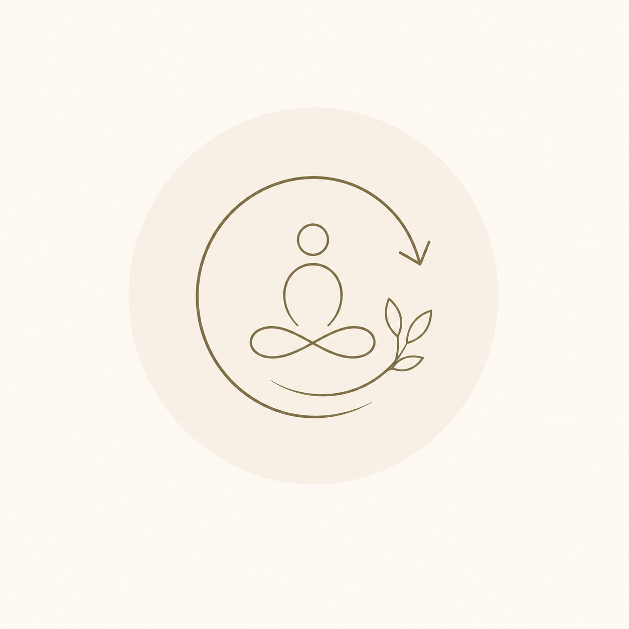 Une illustration simple d'une personne en position de méditation, entourée d'une flèche en cercle et d'une branche avec des feuilles.