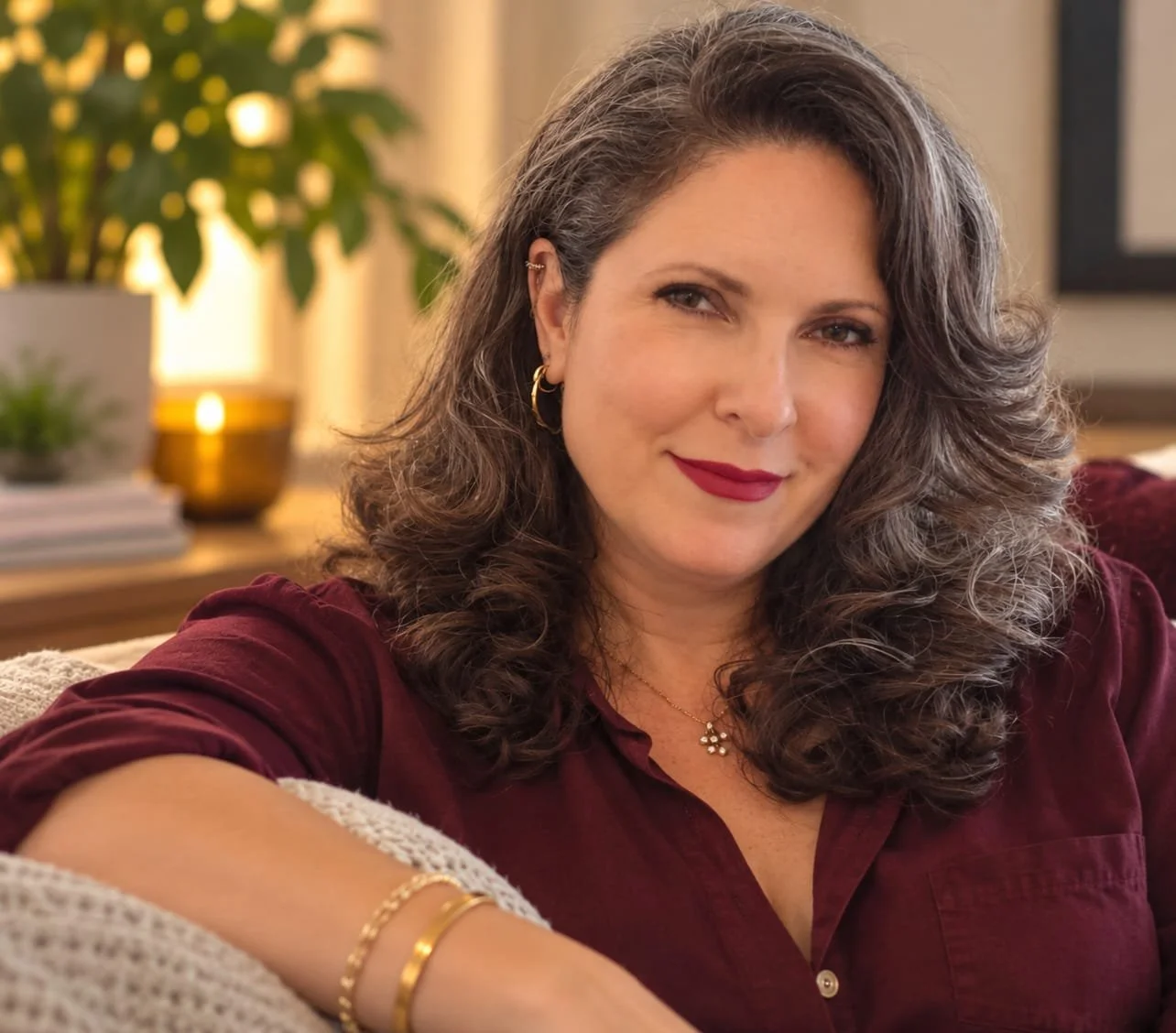 Sharon Windham with curly brown hair and a confident smile is sitting on a couch. She is wearing a burgundy shirt, gold hoops, and layered gold jewelry. In the background, there is a potted plant and warm indoor lighting.