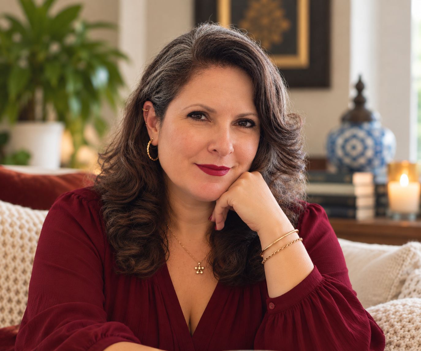 A woman with dark, wavy hair and red lipstick sitting on a cozy sofa in a well-decorated living room.