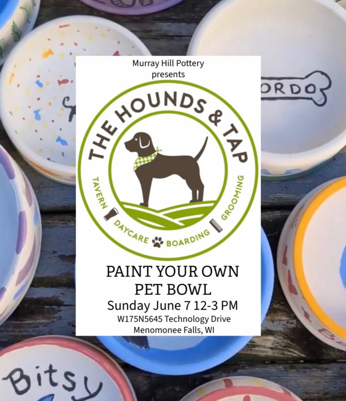 You are invited to come on down to The Hounds and Tap in Menonomee Falls on Sunday June 7th for a &ldquo;Paint Your Own Pet Bowl&rdquo; event from 12-3 PM

Pick from a range of sizes of our hand made bowls from our studio and spend the afternoon desi