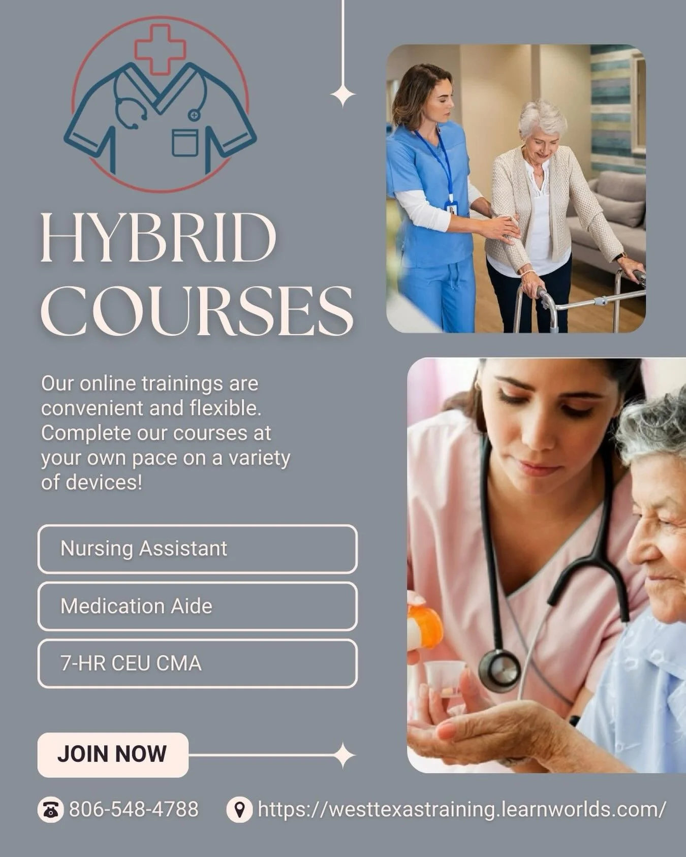 Ready to begin your new career in nursing?? Join West Texas Training for our online Nursing Assistant, Medication Adie or CEU courses. Only a couple spots left in our CMA class beginning January 12th. Payment arrangements available. Text/Call ⁨(806) 