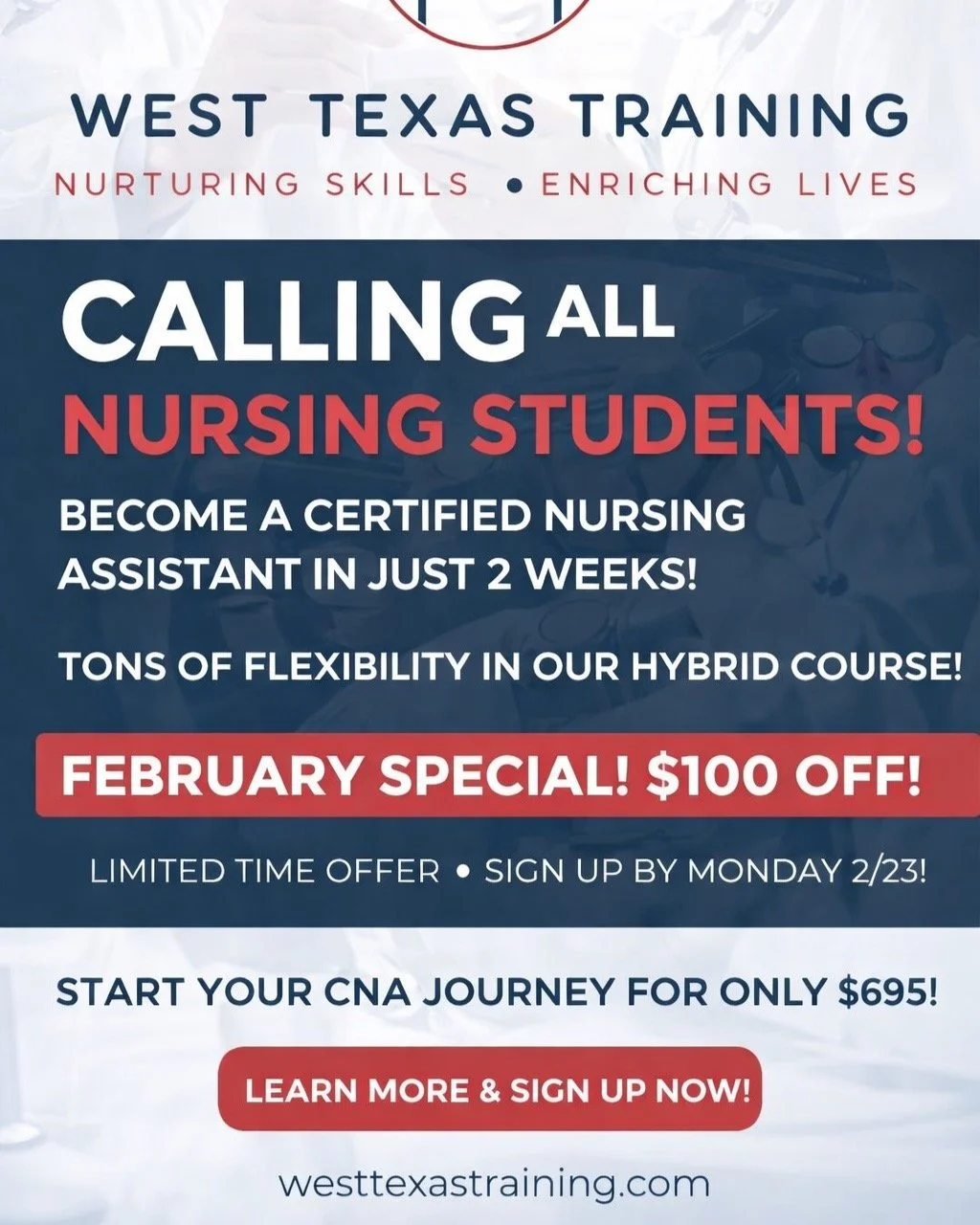 🚨 Future Nurses &mdash; Don&rsquo;t Miss This! 🚨
Start building your healthcare experience NOW with our Certified Nursing Assistant (CNA) Hybrid Program at West Texas Training!
✔️ Complete in just 2 weeks
✔️ Flexible hybrid format
✔️ Perfect for nu