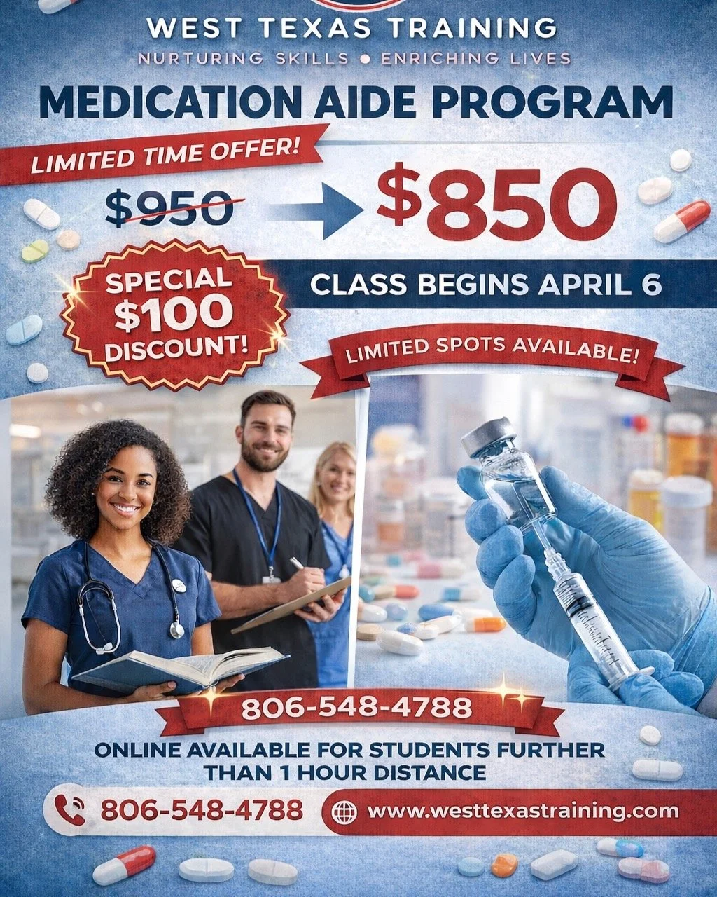 🚨 Now Enrolling &ndash; Medication Aide Program! 🚨
Ready to advance your career in healthcare?
💊 Medication Aide Program
📅 Class Begins: April 6
💲 Tuition: $950 ➡ $850 (Save $100!)
⚠️ Limited Spots Available
✅ Hybrid Program
Online option availa