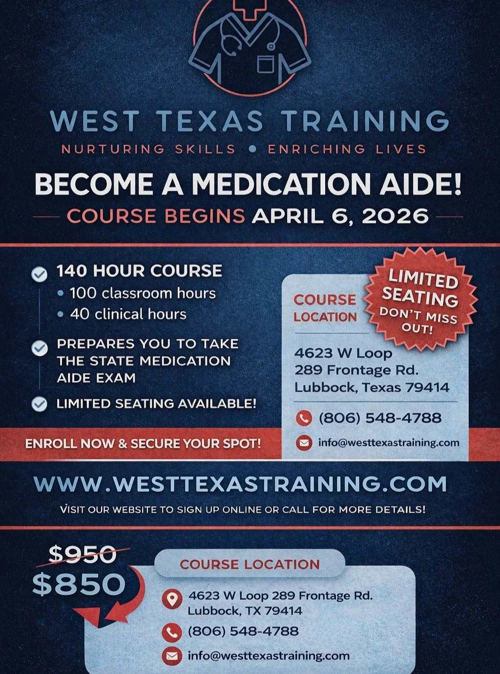 💊 Become a Certified Medication Aide!
🚨 Class Begins April 6, 2026 &mdash; Limited Seating Available! 🚨
Take the next step in your healthcare career with the Medication Aide Program at West Texas Training. This course prepares CNAs to safely admin