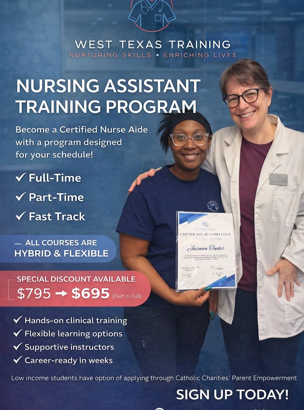 🩺✨ Start Your CNA Career Today!
Flexible. Fast. Hybrid.
✔ Full-Time
✔ Part-Time
✔ Fast Track
💲 $795 ➡️ $695 (Paid in Full)
Hands-on training. Supportive instructors. Career-ready in weeks.
📣 Financial help available through Catholic Charities Pare