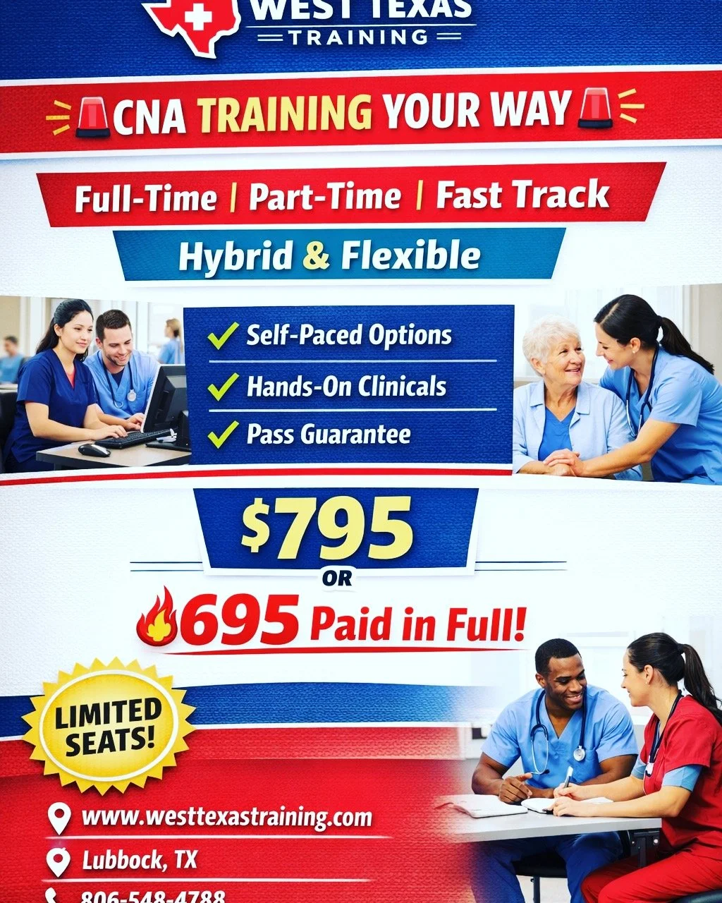 🚨 CNA TRAINING YOUR WAY 🚨
Full-Time &bull; Part-Time &bull; Fast Track
💻 Hybrid + Flexible
🎯 Pass Guarantee
💰 $795 or $695 paid in full
(supplies separate)
📲 Sign up now:
www.westtexastraining.com
⚠️ Limited spots!