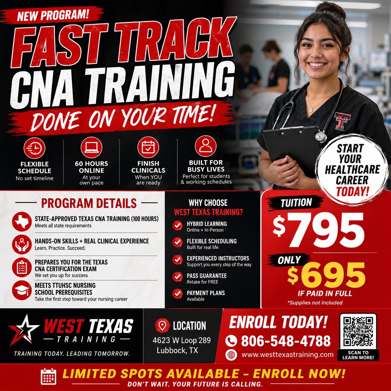 No schedule? No problem.
🩺 Fast Track CNA
🔥 Done on YOUR time
✔ 60 hrs online
✔ Hands-on clinicals
✔ Built for busy lives
💰 $795
🔥 $695 paid in full
📲 806-548-4788
🌐 westtexastraining.com
⚠️ Limited spots &mdash; enroll now