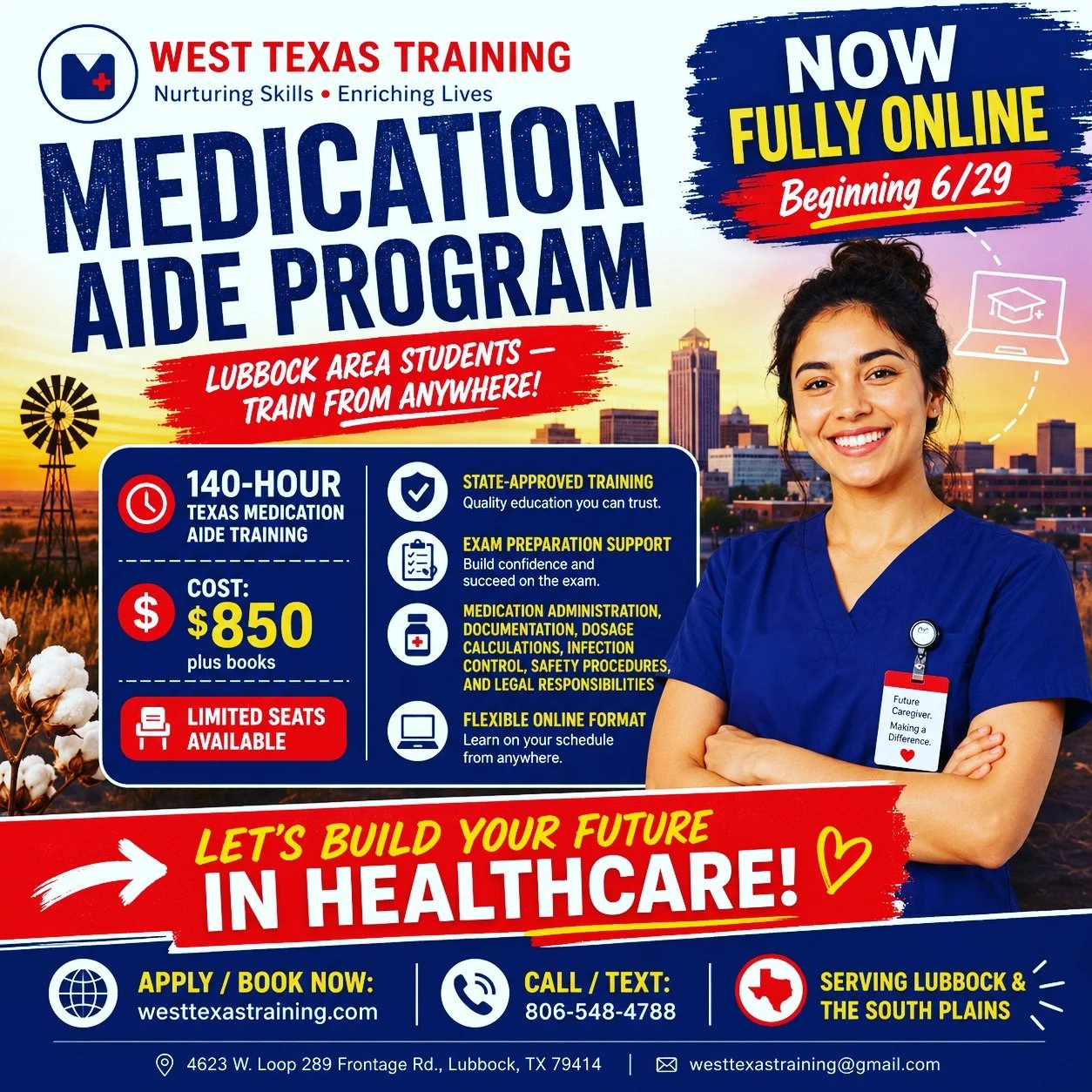 🎉 Lubbock, it&rsquo;s time to level up!

Our Medication Aide Program is going FULLY ONLINE beginning 6/29. Train from anywhere with West Texas Training and take the next step in healthcare. ❤️

✅ 140-hour Texas Medication Aide Training✅ Flexible onl