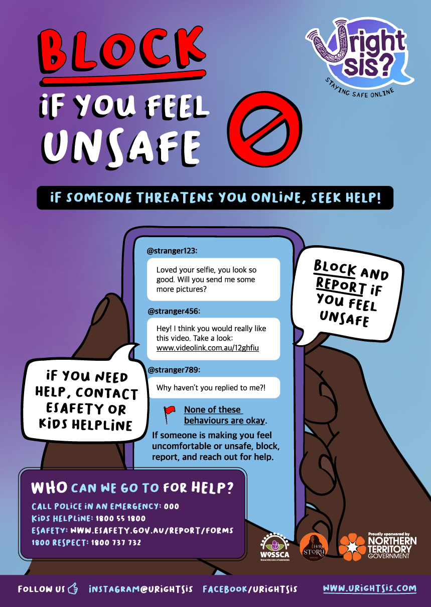 If someone threatens you online, seek help! A phone with texts from strangers: "loved your selfie, you look so good. will you send me some more pictures?" and so on. None of these behaviours are okay. Block and report if you feel unsafe.