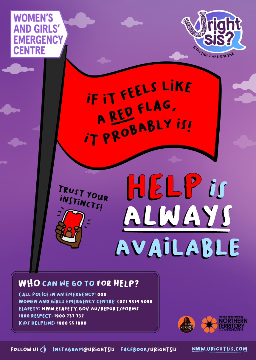 Red flag with the writing, "If it feels like a red flag, it probably is!" Trust your instincts. Person holding a phone that's red and ringing. Help is always available.