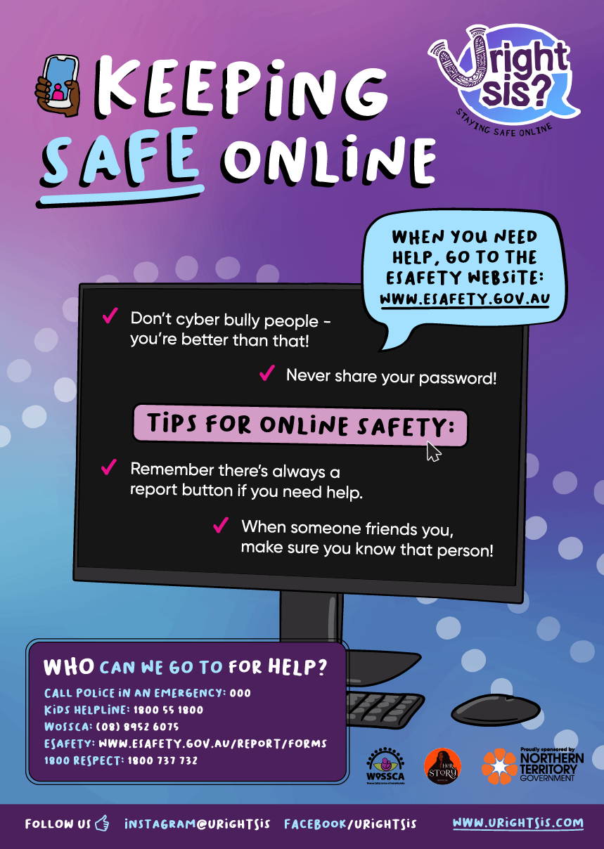 Keeping safe online. When you need help, go to the eSafety website. Tips for online safety: don't cyber bully; never share your password; remember to use the report button; only add friends you know in real life. Illustration of a computer.