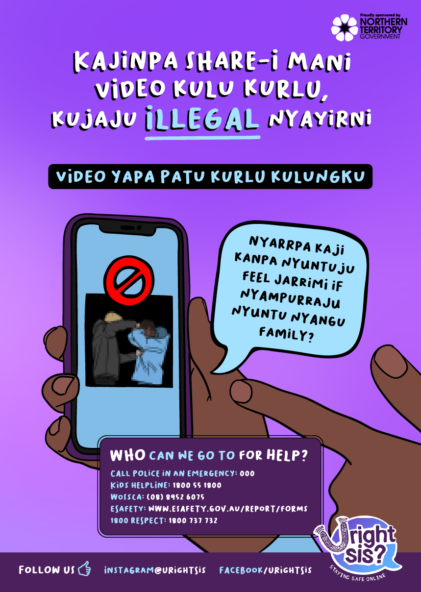Kajinpa share-i mani video kulu kurlu, kujaju illegal nyayirni. Video yapa patu kurlu kulungku. A hand holding a phone with a blurred photo of a fight and a Red Cross. "Nyarrpa Kaji kanpa nyuntu ju feel jarring if nyampurraju nyuntu nyangu family?"