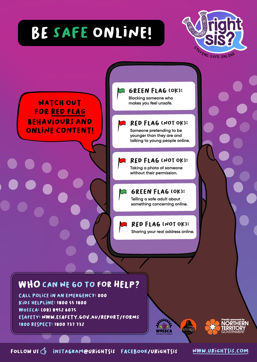 Be safe online! Watch out for red flag behaviours and online content. Hand holding a phone with some green flag examples (blocking someone who makes you feel unsafe, telling a safe adult about something concerning online) and red flags.