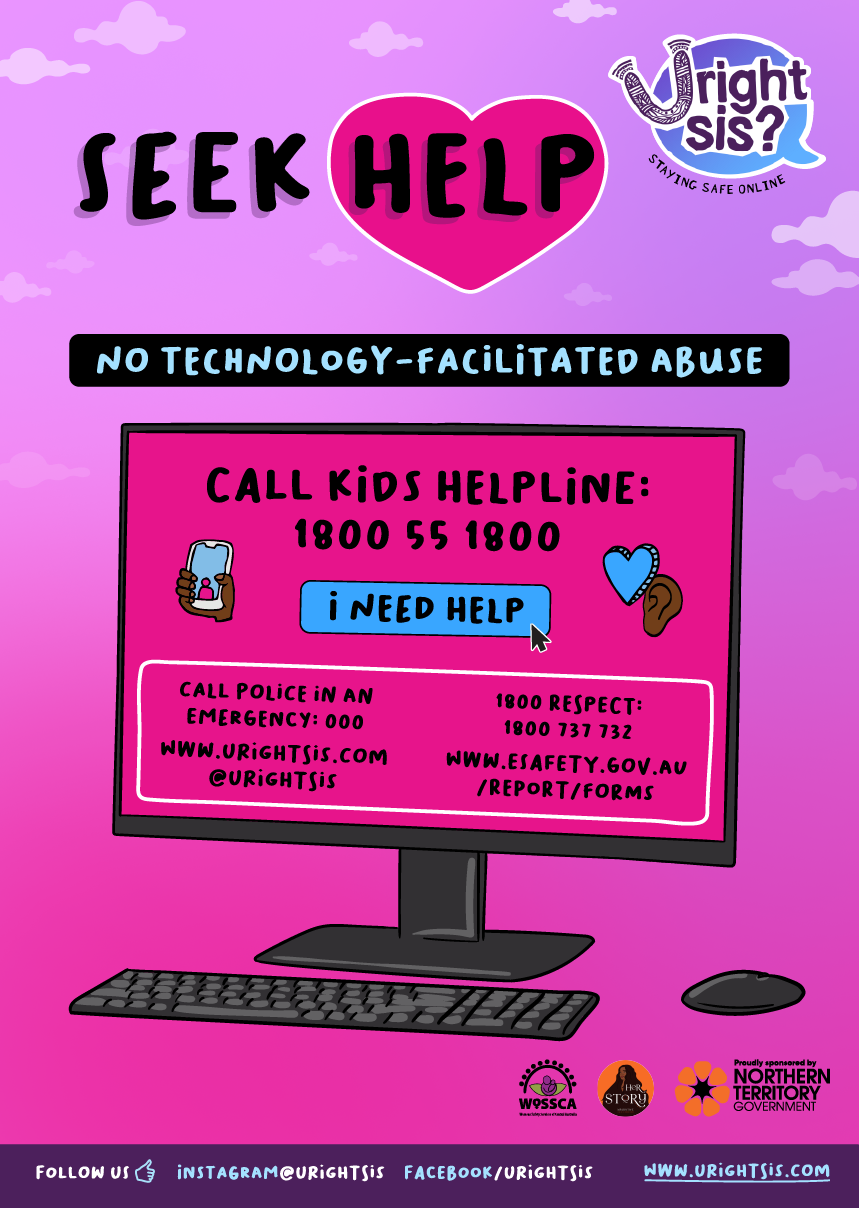 Seek help: no technology-facilitated abuse. Illustration of a desktop computer with text on the screen: Call Kids Helpline: 1800 55 1800. Button: "I need help". Illustration of hearts, a hand holding a phone, and various support services.