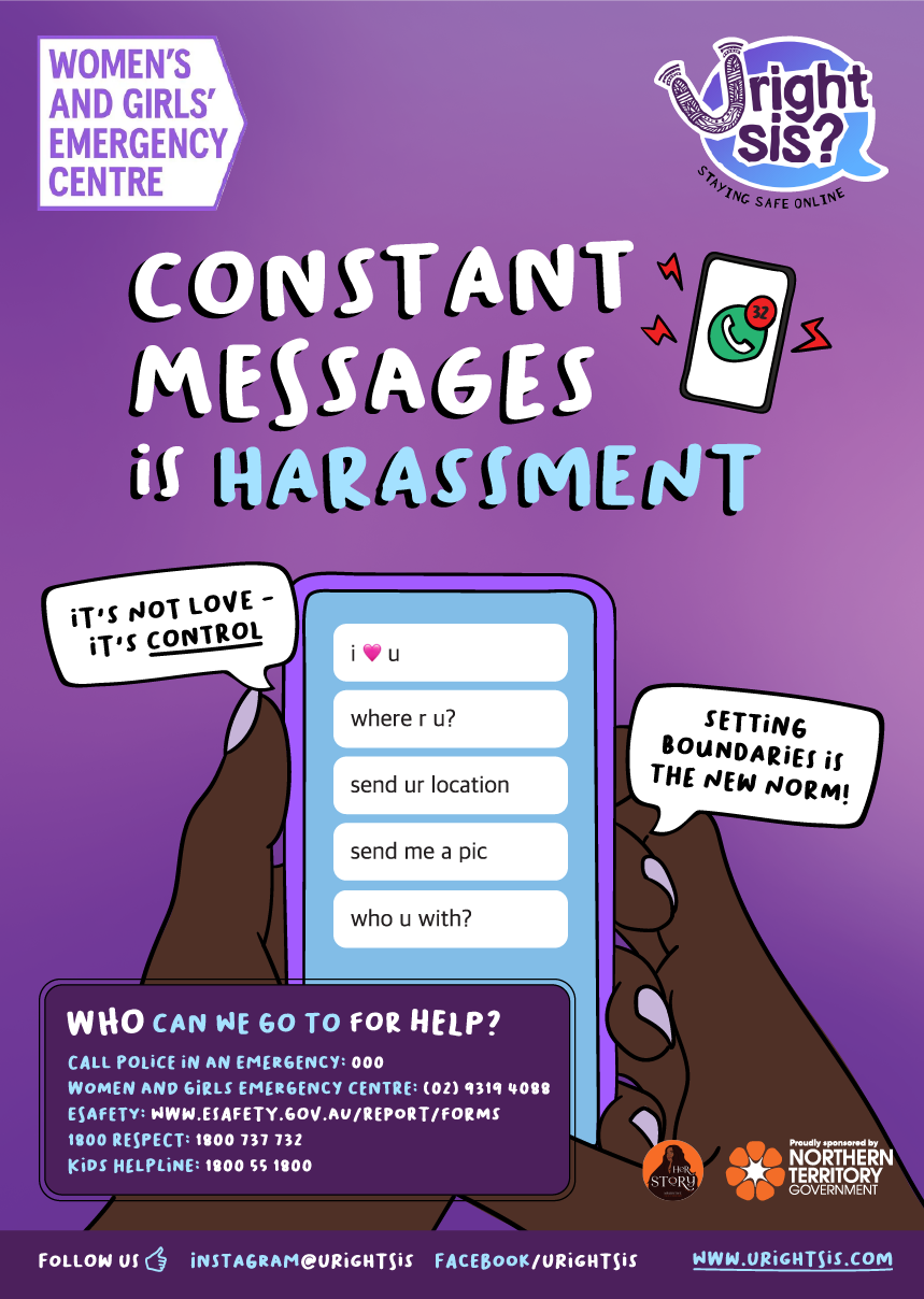 Constant messages is harassment. Person holding a phone with five texts in a row: "I love you", "where r u?", "send ur location", "send me a pic', "who u with?", etc. It's not love - it's control. Setting boundaries is the new norm!