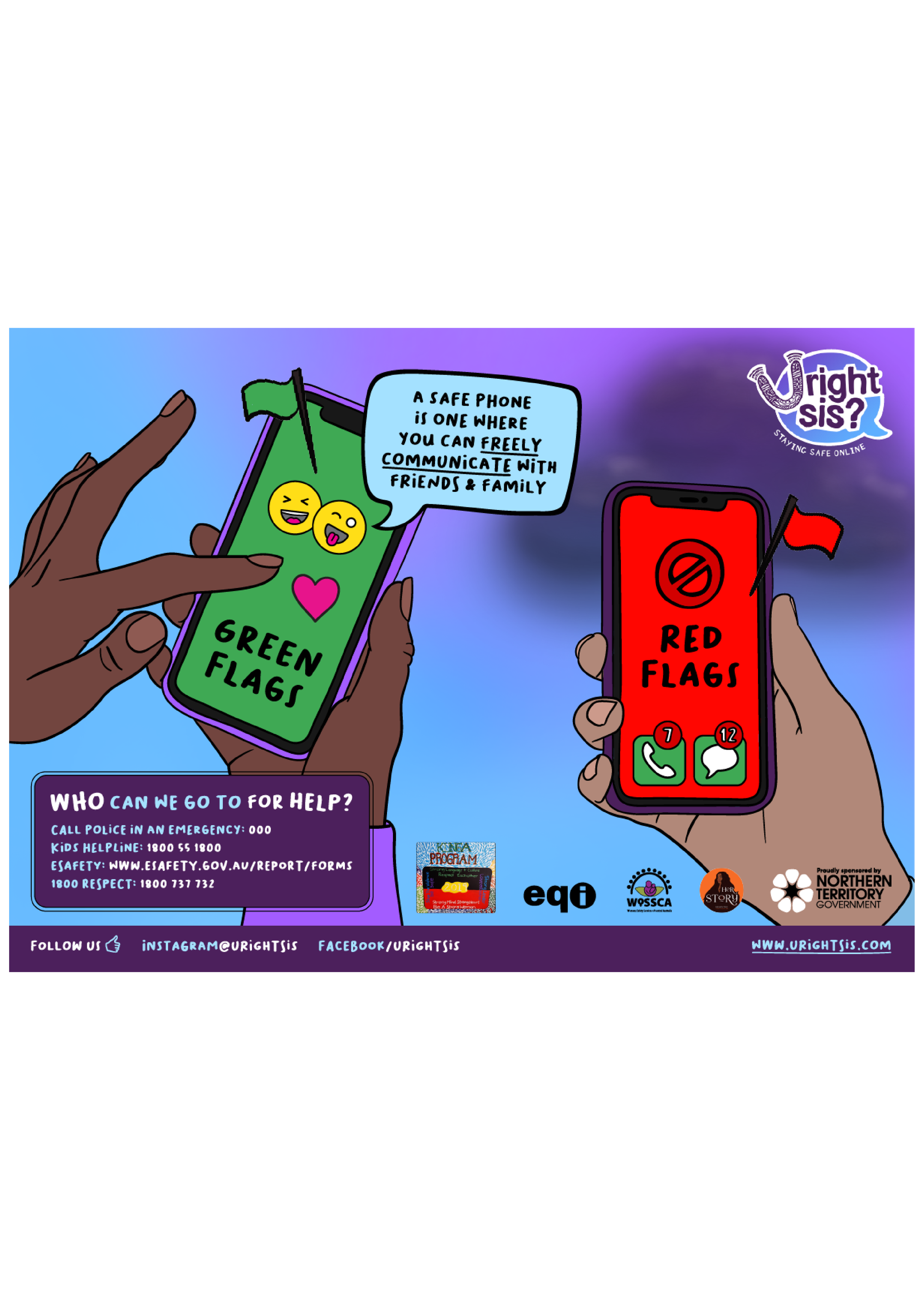 Two people holding phones: a 'green flags' phone with laughing emojis - "a safe phone is one where you can freely communicate with friends & family"; and a red flags phone with lots of missed calls and texts.