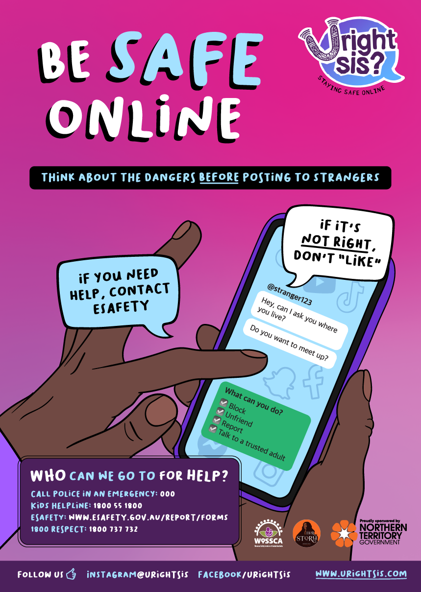 Be safe online: think about the dangers before posting to strangers. Illustration of a phone with texts from @stranger123 "hey can I ask you where you live? do you want to meet up?". What can you do? Block, unfriend, report, talk to a trusted adult.