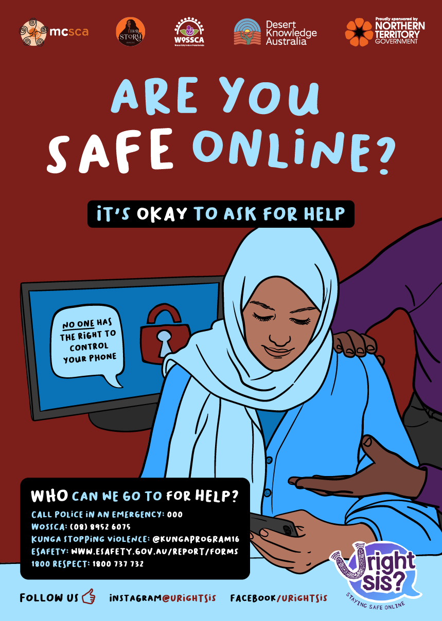 Are you safe online? It's okay to ask for help. Illustration of a woman in a hijab looking at a phone, whilst a man reaches over her to take her phone. A computer screen behind her says "no one has the right to control your phone" with a lock on it.