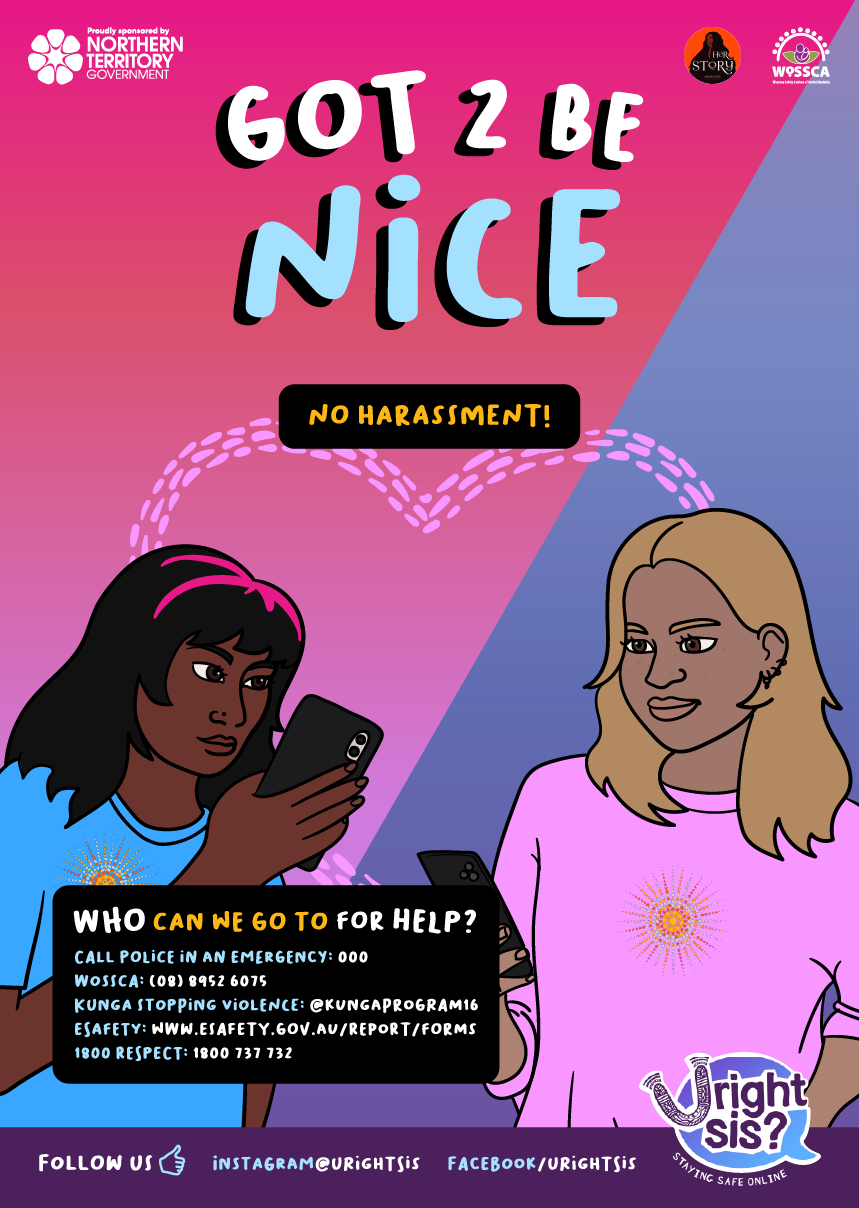 Got 2 be nice: no harassment! Illustration of a brown-skinned girl with black and pink hair holding a phone on a pink side of the poster; and a light tan skin girl with blonde hair holding a phone on a blue side of the poster, a pink heart behind.
