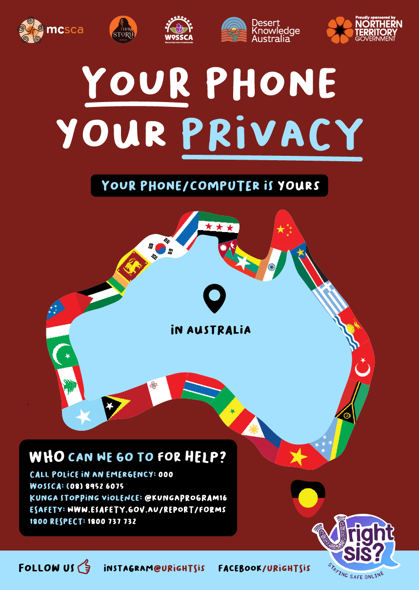 Your phone, your privacy. Your phone/computer is yours. Map of Australia with a tag in Mparntwe/Alice Springs. Around the outside of the map are flags from different countries, including Aboriginal flag, Turkey, Indonesia, Palestine, and South Sudan.