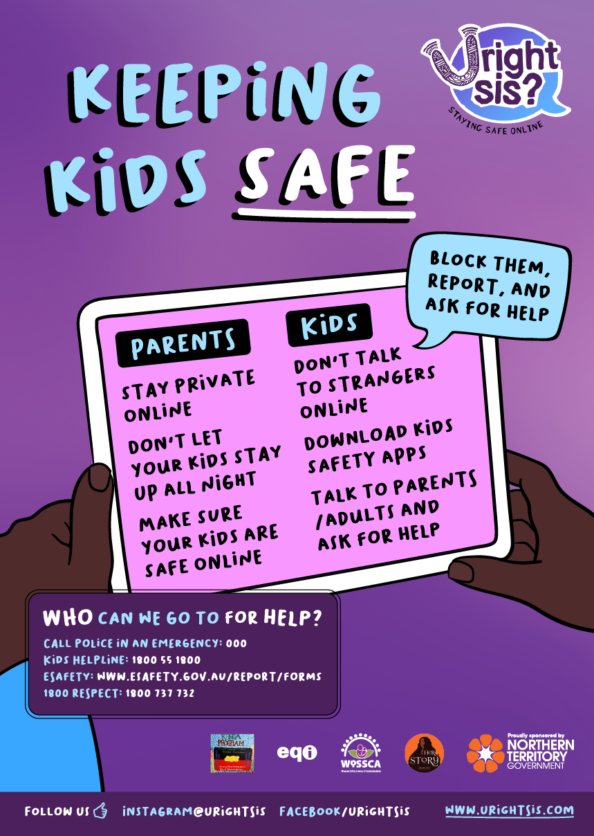 Keeping kids safe. Parents: stay private online, don't let your kids stay up all night, make sure your kids are safe online. Kids: don't talk to strangers online, download kids safety apps, talk to parents/adults and ask for help. Hands holding iPad.