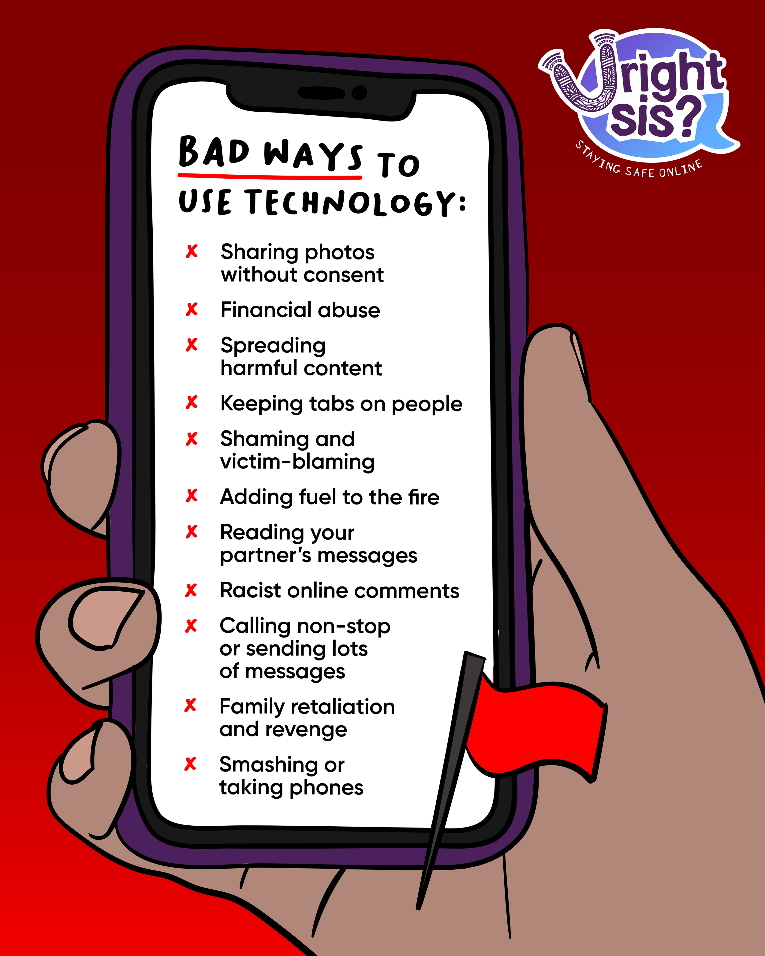 Hand holding a phone. Bad ways to use technology: sharing photos without consent, financial abuse, spreading harmful content, keeping tabs on people, shaming and victim-blaming, adding fuel to the fire, reading your partner's messages, racist comment