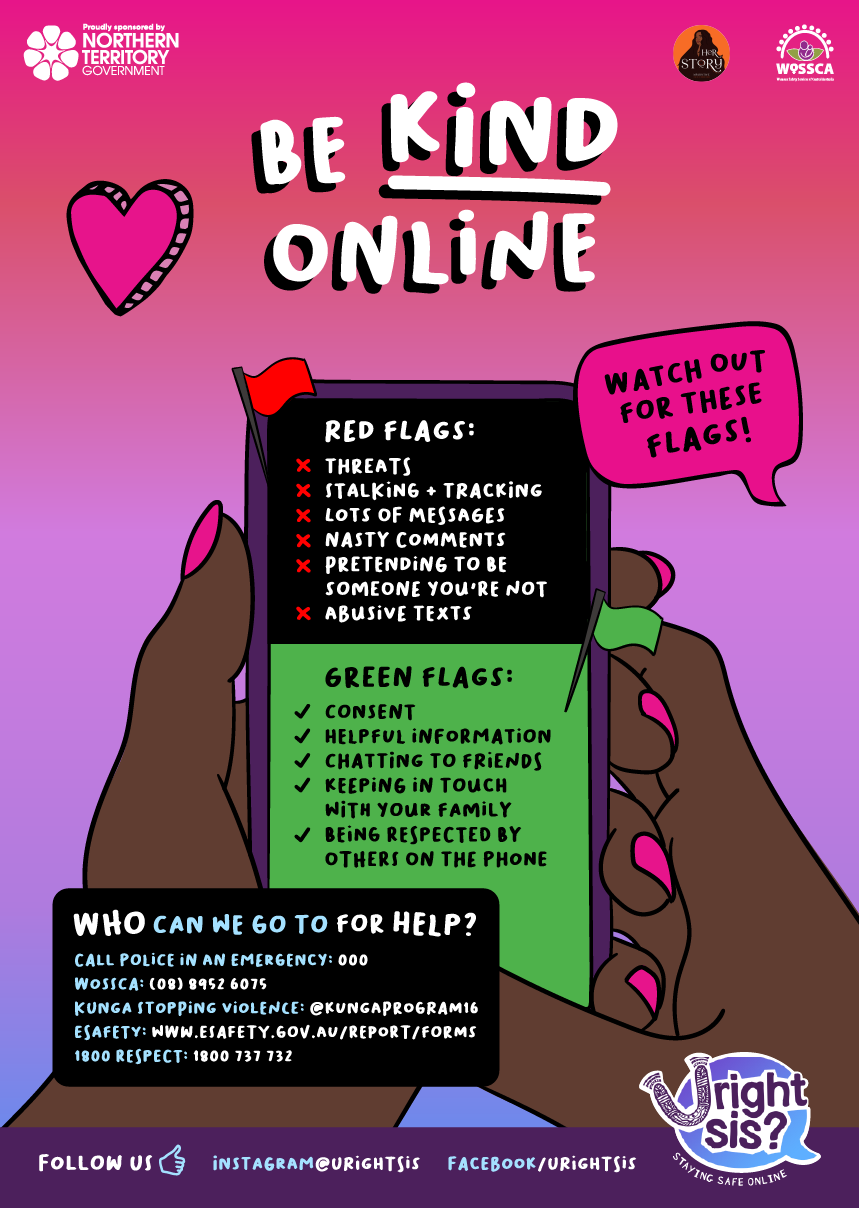 Be kind online: watch out for these flags. Red: threats, stalking + tracking, lots of messages, nasty comments, pretending to be someone you’re not, abusive texts. Green: consent, helpful info, chatting to friends, keeping in touch with your family.