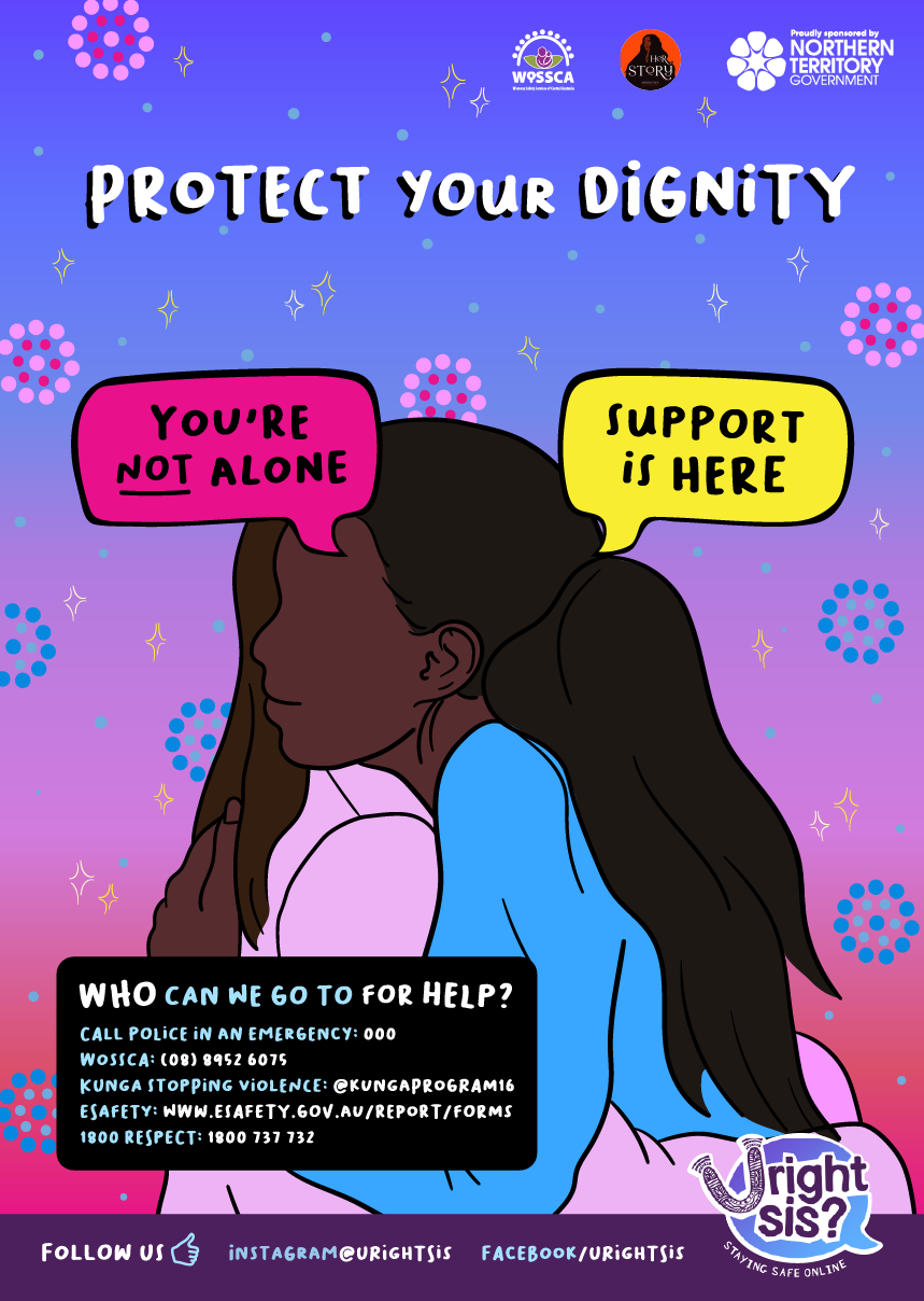 Protect your dignity. Two young women with brown skin and long brown hair embracing, saying to each other “support is here” and “you’re not alone”. Fireworks and stars are in the background.