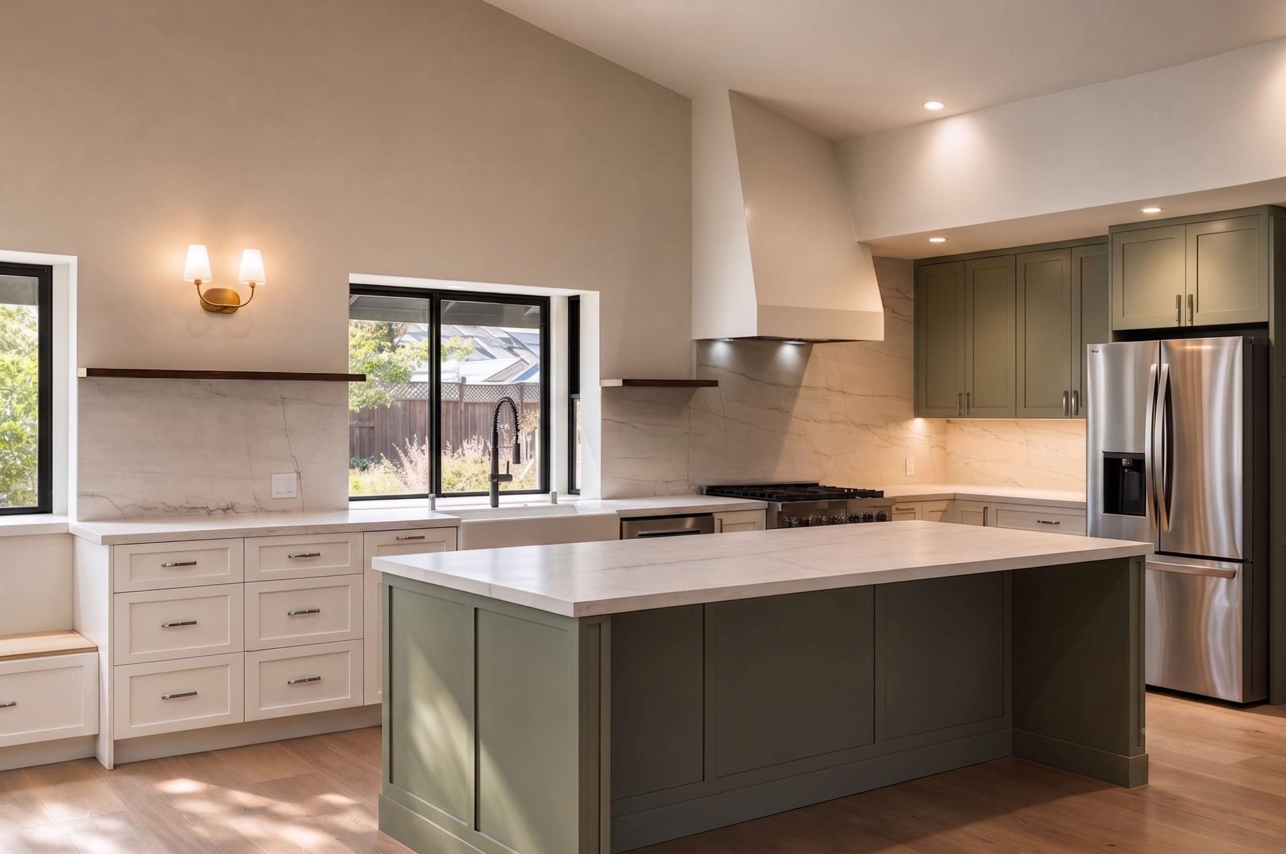 Sage green and white kitchen