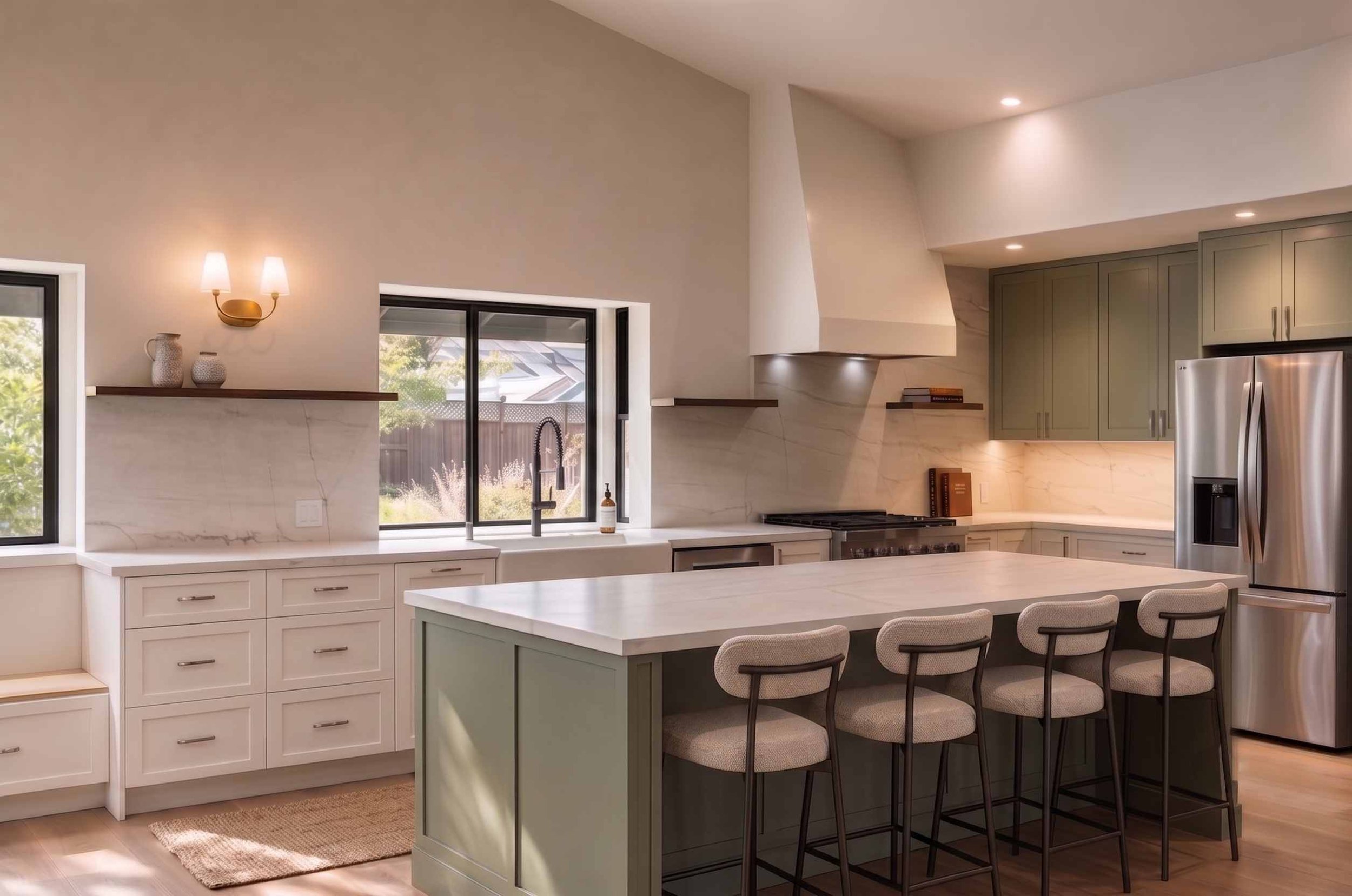 Sage green and white kitchen