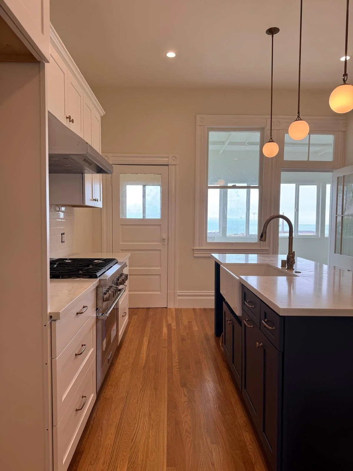 white and navy blue kitchen