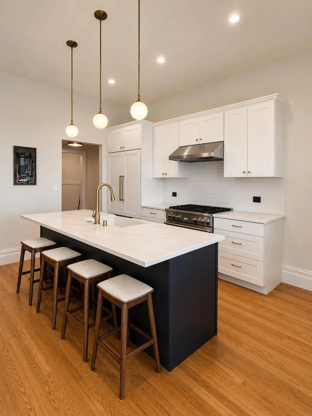 white and navy blue kitchen