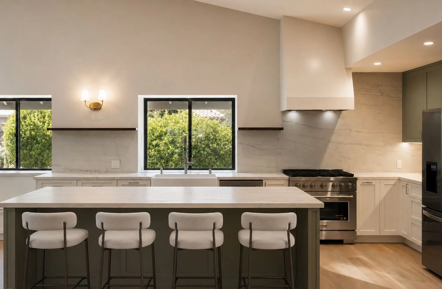 Sage green and white kitchen