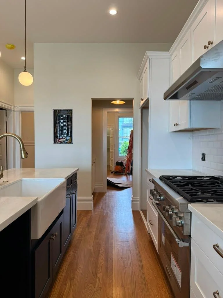 white and navy blue kitchen