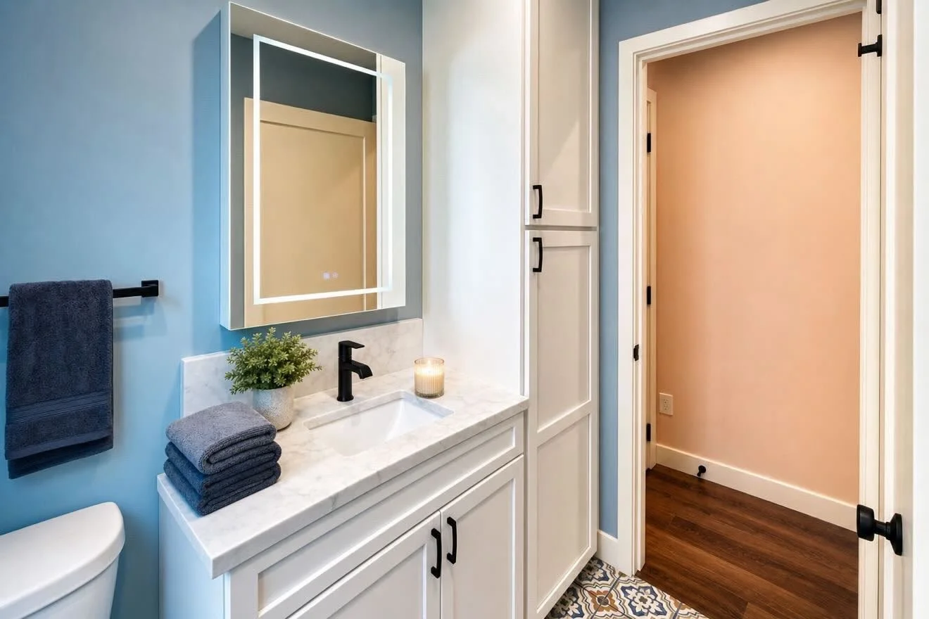 blue powder room with white cabinets