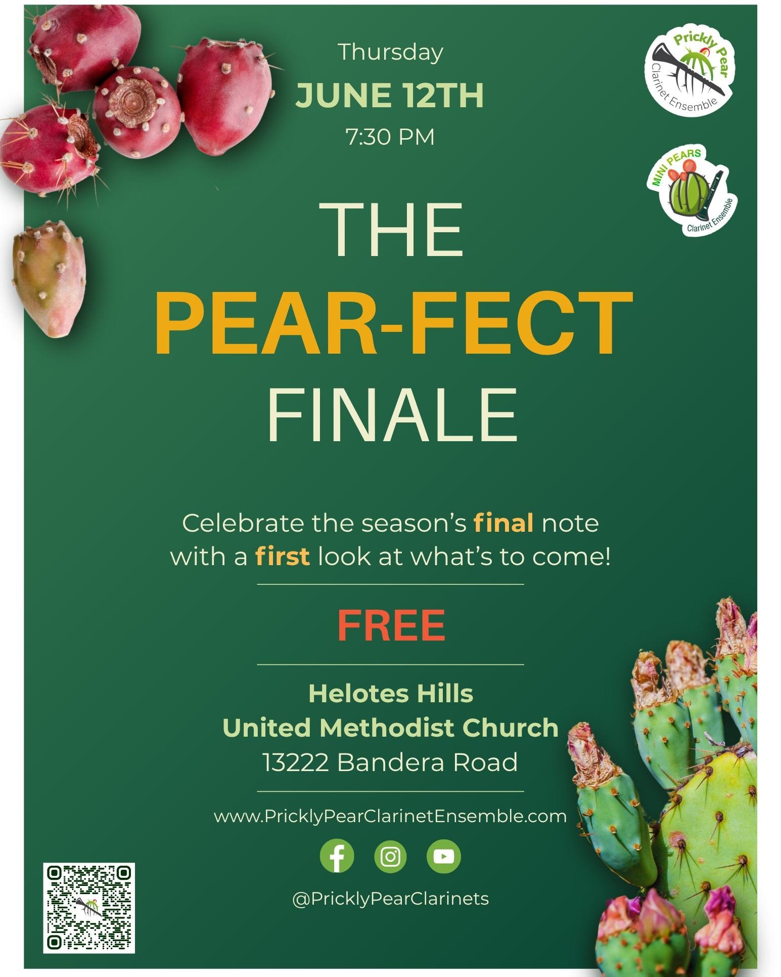 💚🎶 The Pear-fect Finale 🌵

Join the Prickly Pear Clarinet Ensemble for our final San Antonio performance of the season! We're presenting a special sneak peek of our upcoming ClarinetFest 2025 program, including the soft premiere of Five Dances for