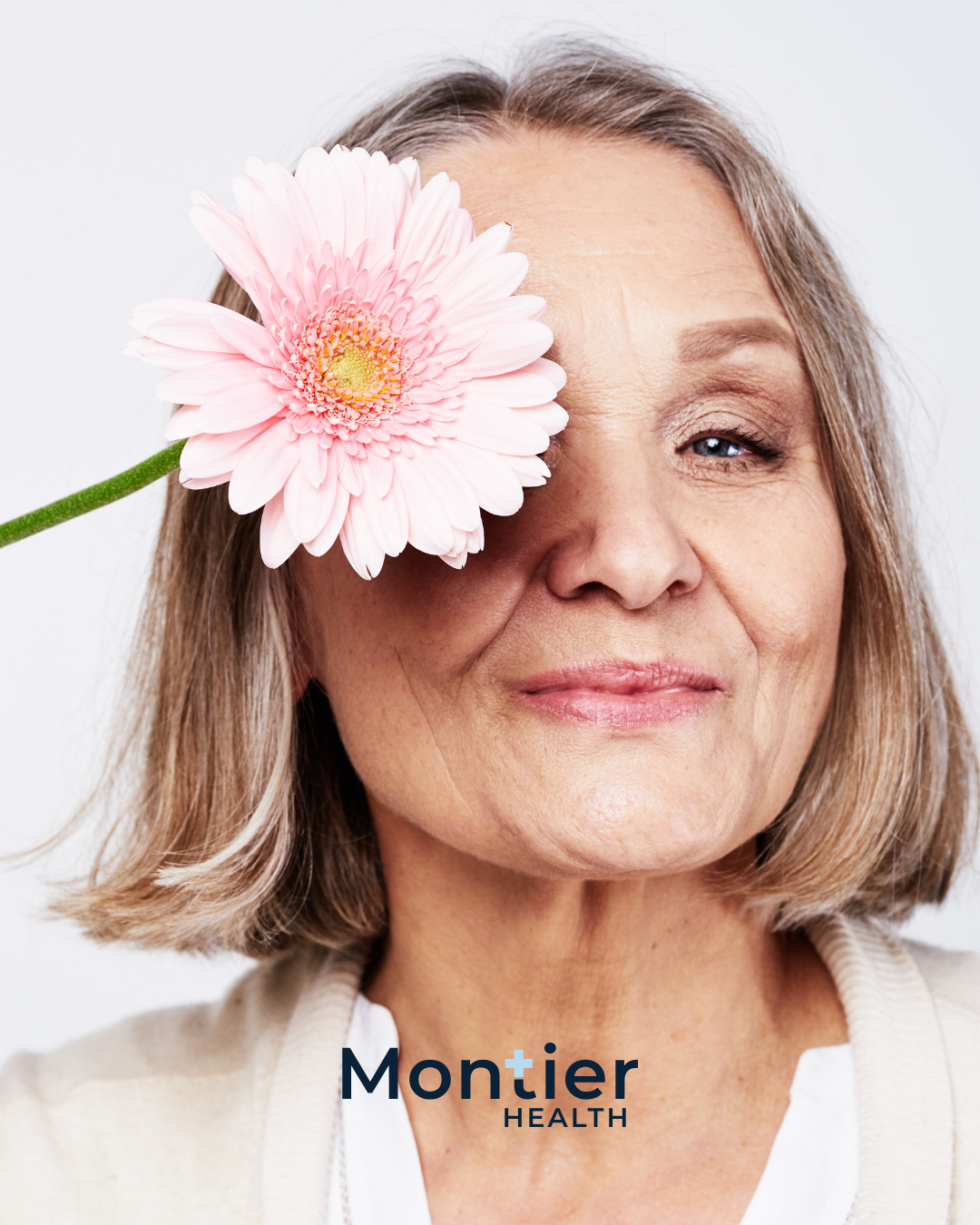 Mature women smiling flower over face healthy aging menopause