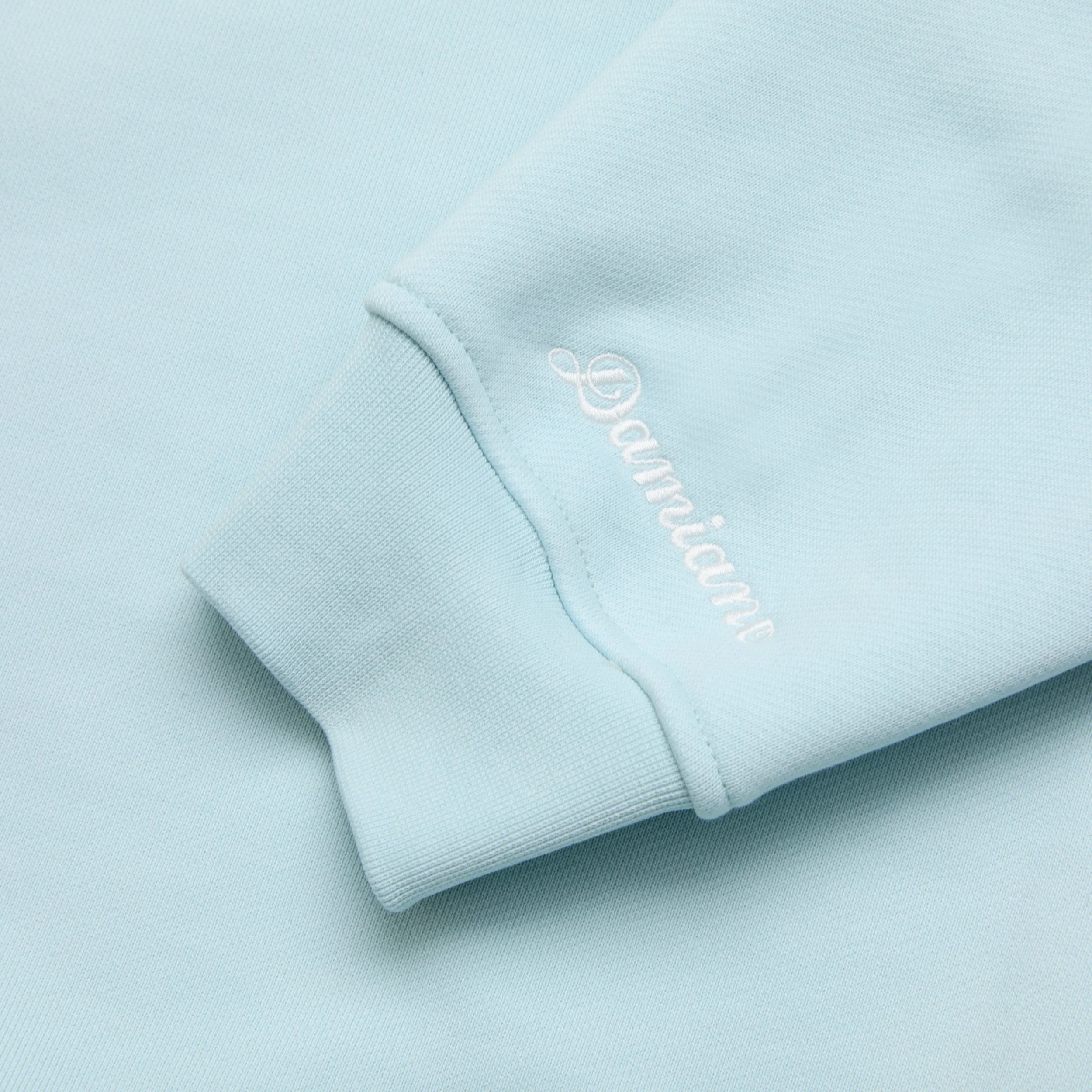 powder blue embroidered logo boxy crewneck sweatshirt heavyweight high quality luxury streetwear cotton damiano