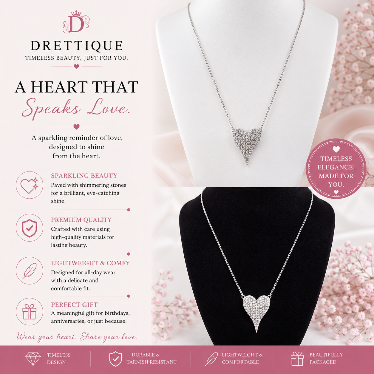 Sterling Silver Heart Shaped Pendant Necklace covered with Sparkling Stones
