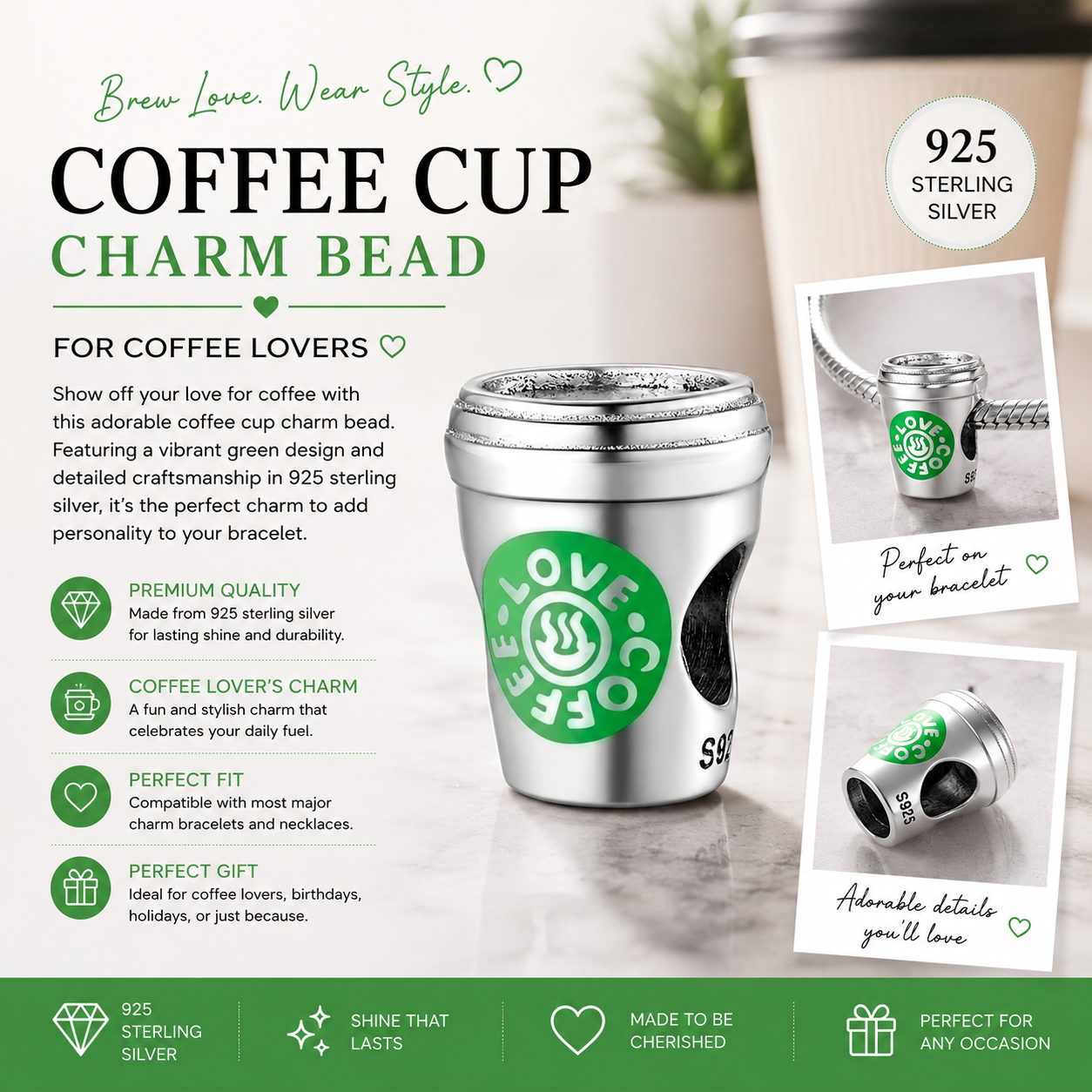 Sterling Silver Coffee Cup Bracelet Charm with a Green Love Coffee Logo