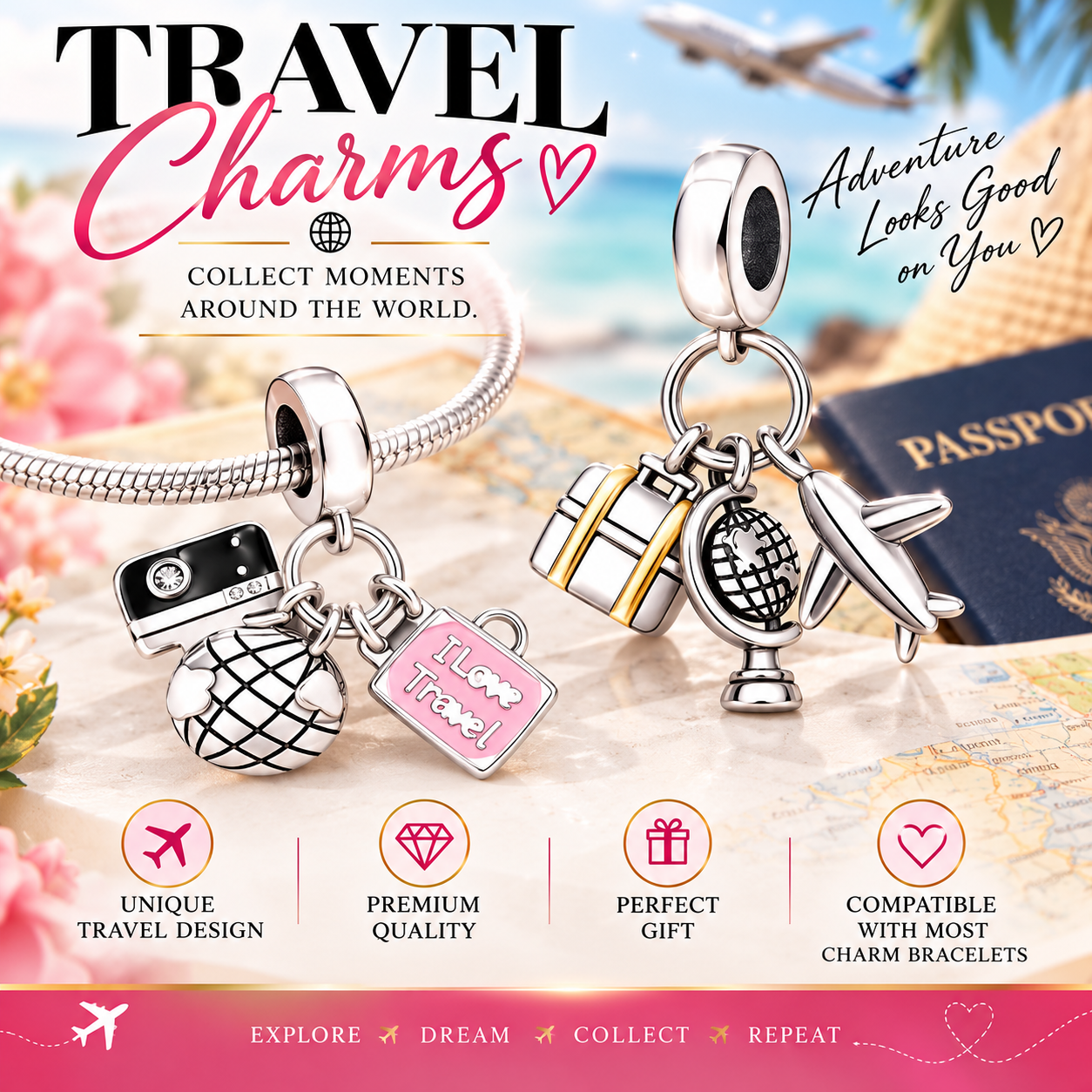 Sterling Silver Multi-Travel Style Bracelet Charm