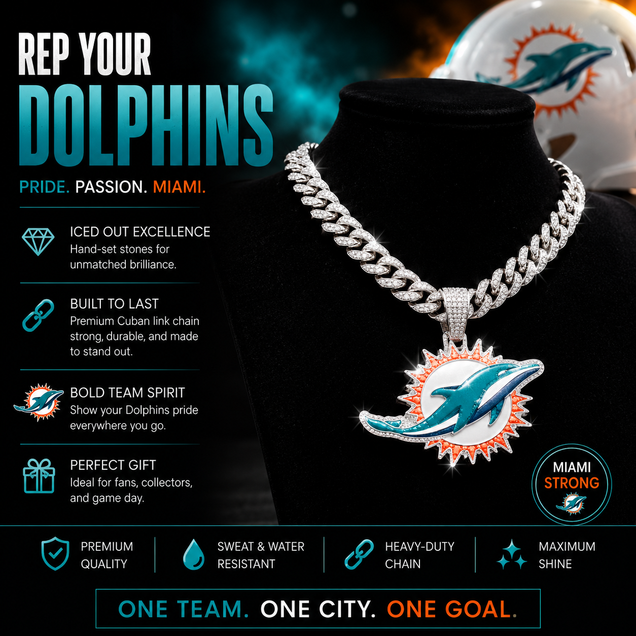 Miami Dolphins Logo Pendant with or without the Cuban Link Chain Necklace